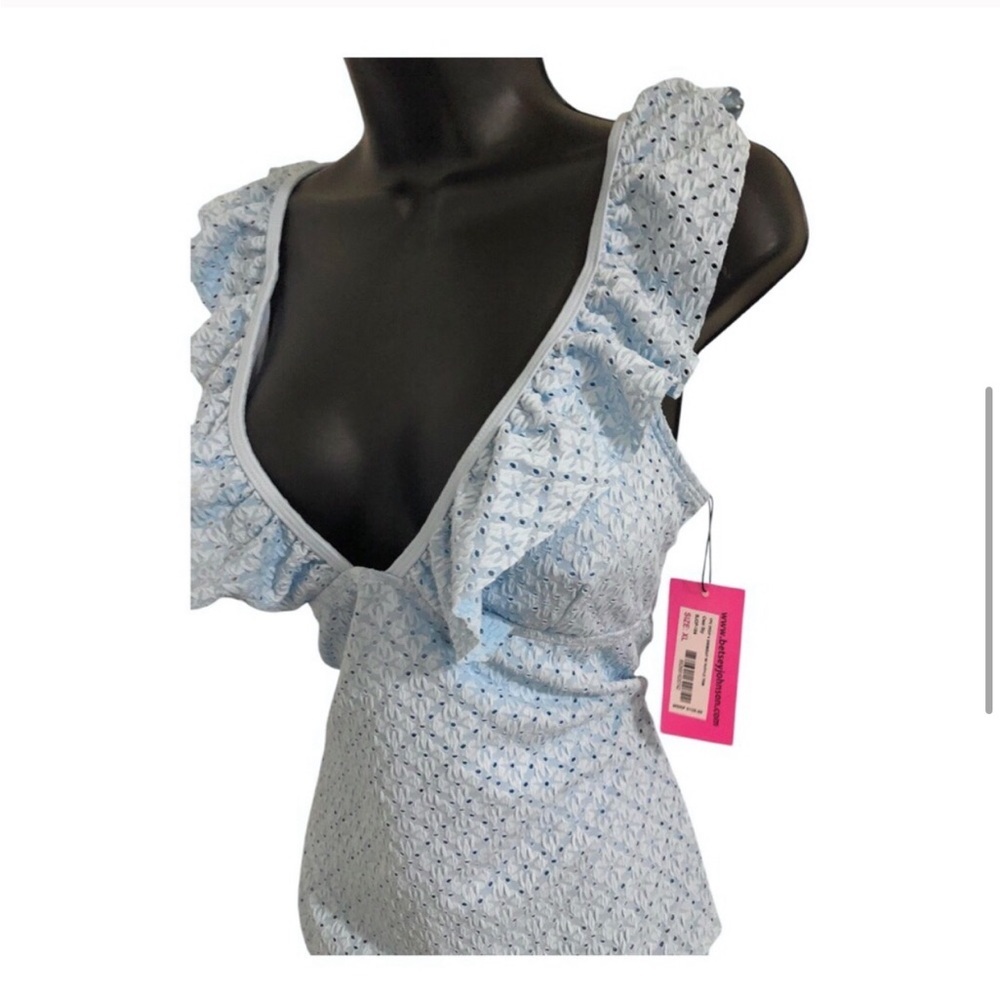 Betsey Johnson Clear sky blue 1piece Ruffle strap eyelet Swimsuit size large new - Picture 14 of 15